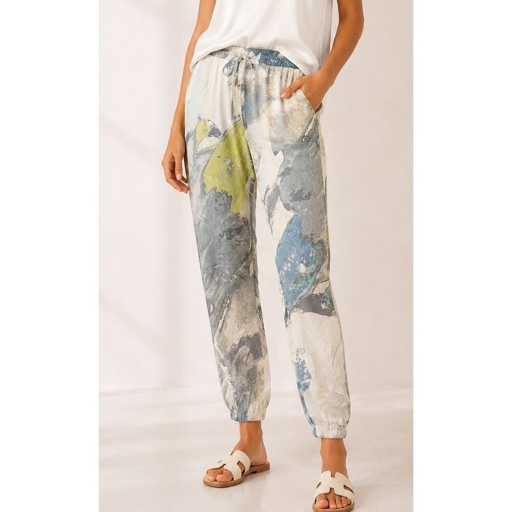 Johnny Was BIYA Silk  Drawstring Waist Pant Sz S Abstract  blue/green Print NWOT